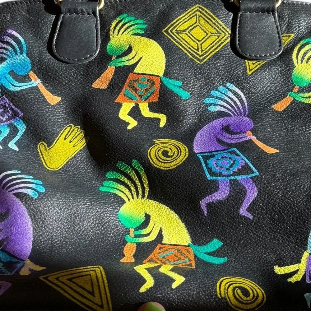 Native American Kokopelli Hand Painted‎ Black Leather Satchel Handbag